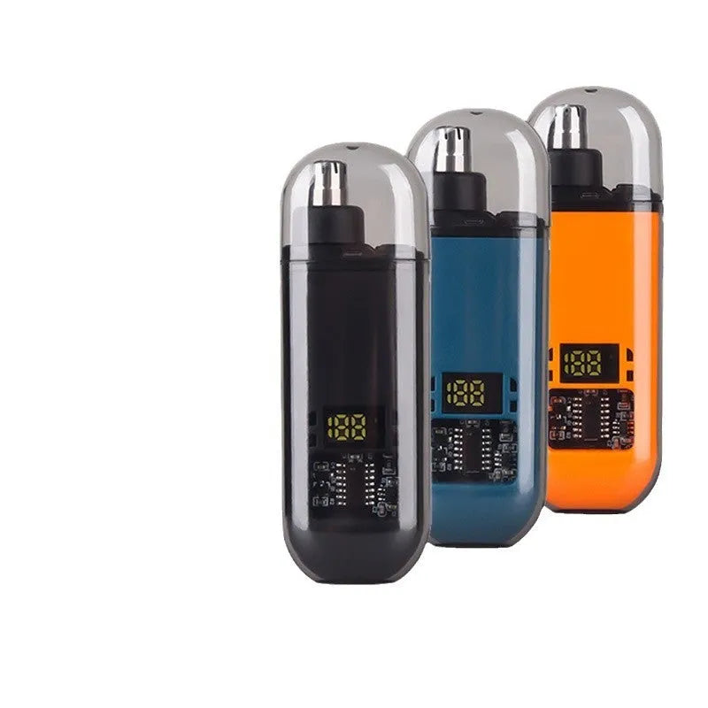 Rechargeable nose hair trimmer with digital display, cleaning brush, and USB charger