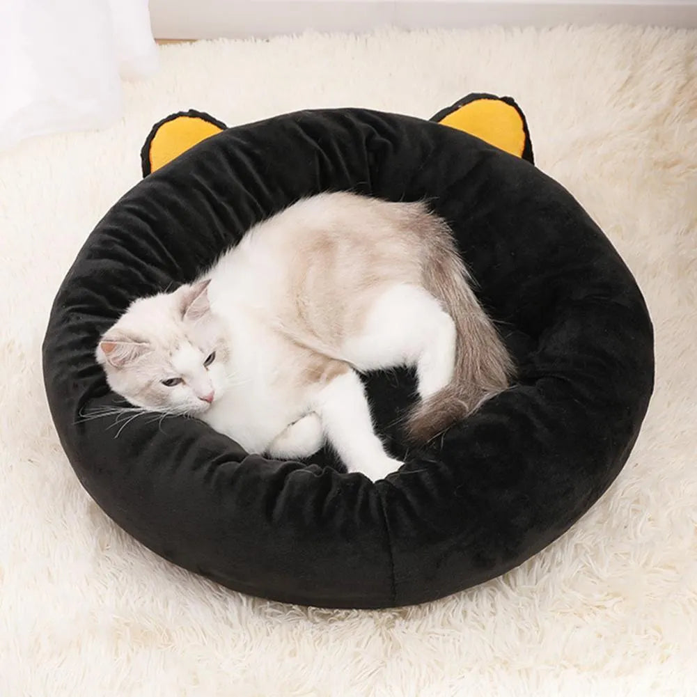 Black cat shaped velvet pet nest bed with raised edges for cats