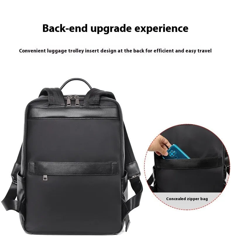 Men's large capacity leather computer backpack with curved back plate in black grain finish