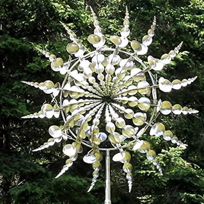 Elegant stainless steel outdoor windmill spinner with dual-layered blades rotating in opposite directions, creating a mesmerising display in the garden