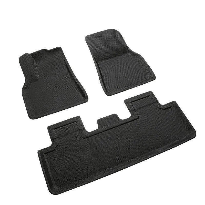 TPR floor mat set for Tesla Model Y showing foot mats, storage box mat, and tailbox mats