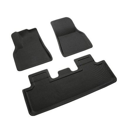 TPR floor mat set for Tesla Model Y showing foot mats, storage box mat, and tailbox mats