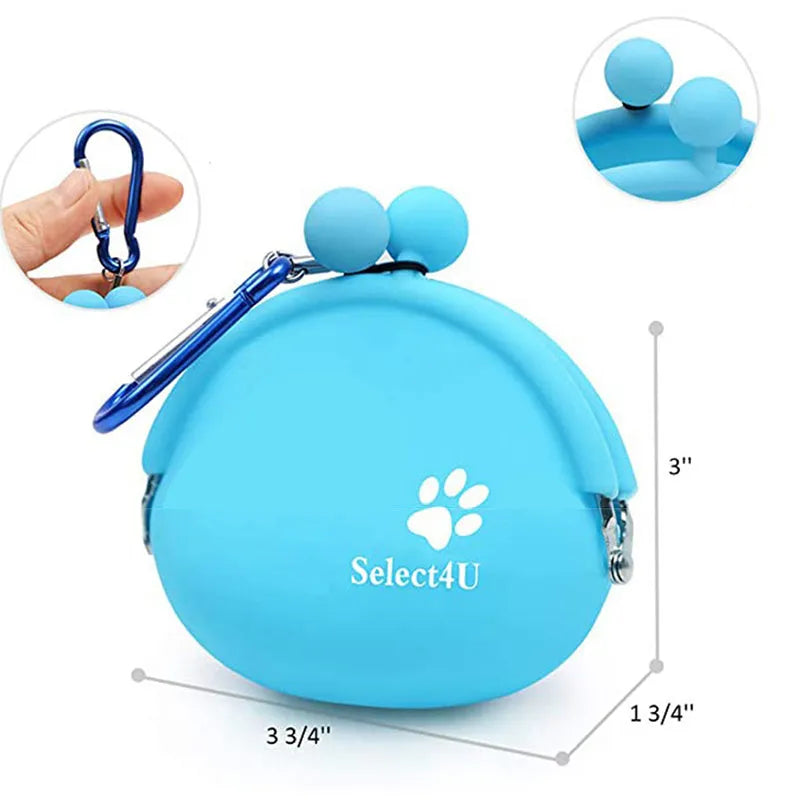 Yellow silicone dog training treat pouch with hook and loop closure, shown on a waistband.