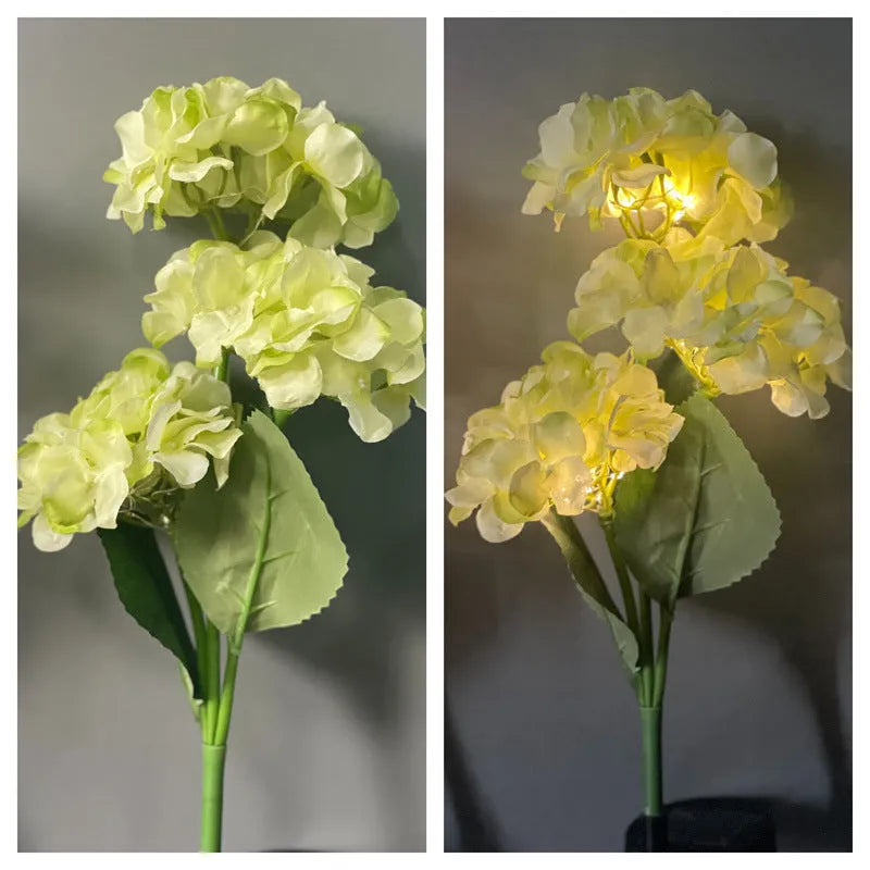 Solar powered hydrangea shaped garden floor light with rubber body in pink purple blue green or white