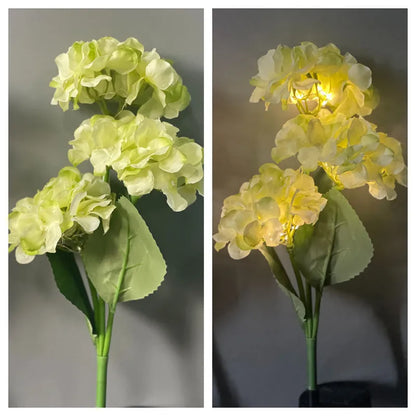 Solar powered hydrangea shaped garden floor light with rubber body in pink purple blue green or white