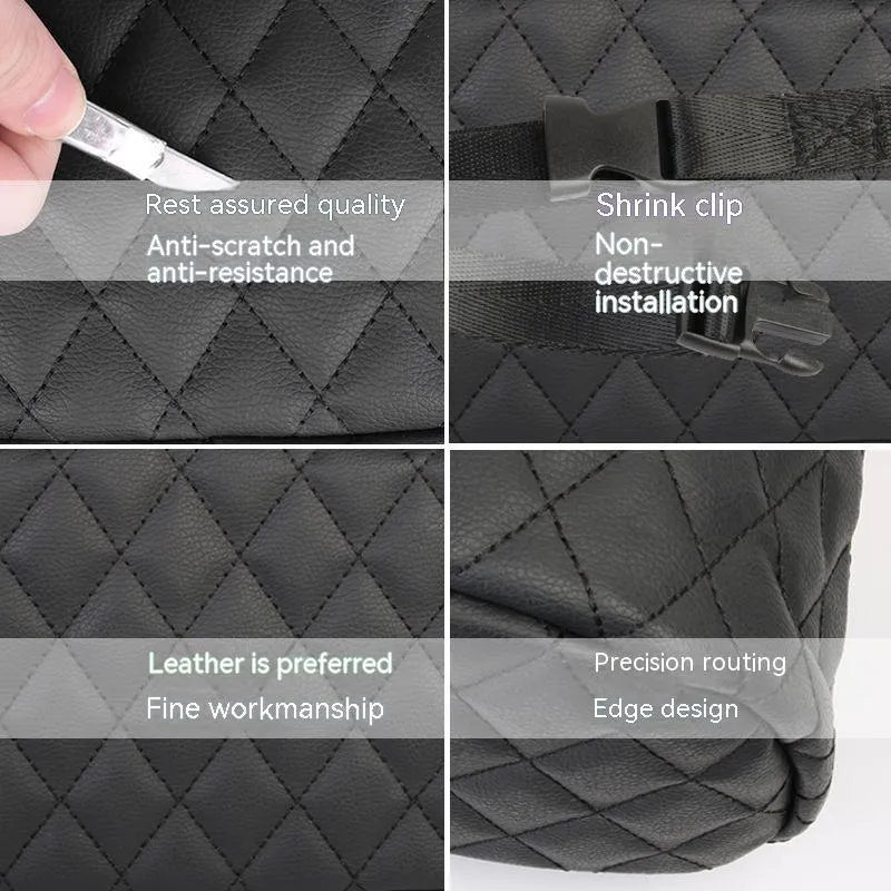 Black leather hanging storage bag for car interior organisation and trash.