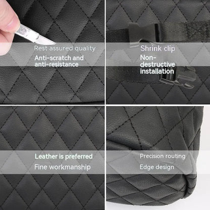 Black leather hanging storage bag for car interior organisation and trash.