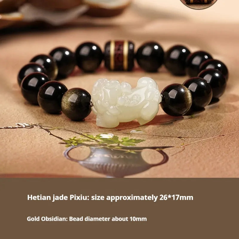 Hetian jade bracelet with black and red adjustable ropes in traditional Chinese design