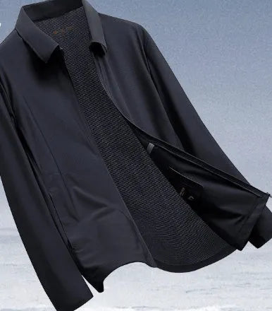 Navy blue summer business shirt with lapels made from ice silk fabric, shown on a hanger.
