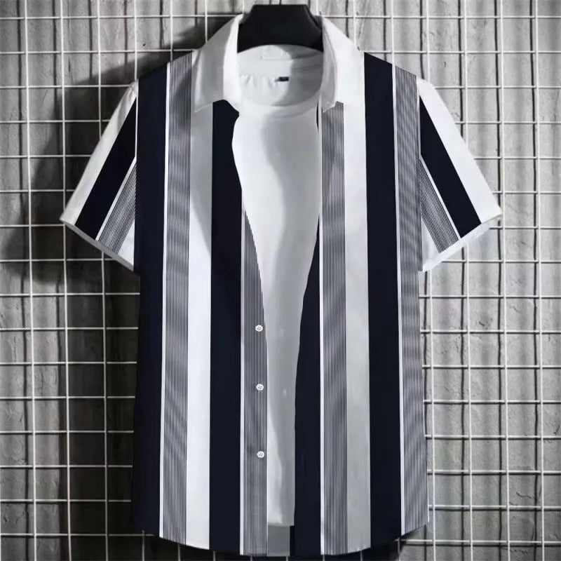 Men's linen short sleeve T-shirt with 3D printing and striped pattern in multiple colour options