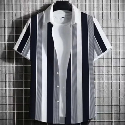 Men's linen short sleeve T-shirt with 3D printing and striped pattern in multiple colour options