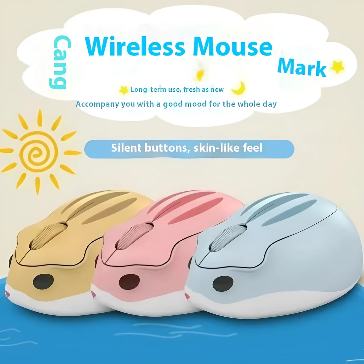 Hamster compact wireless Bluetooth mute mouse in yellow, pink, and grey colours.