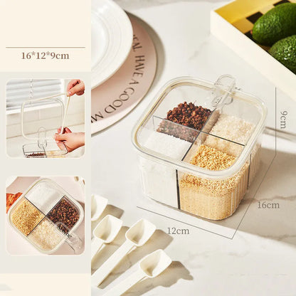 White rotating plastic kitchen storage bucket and a separate white spice box with four compartments on a countertop.