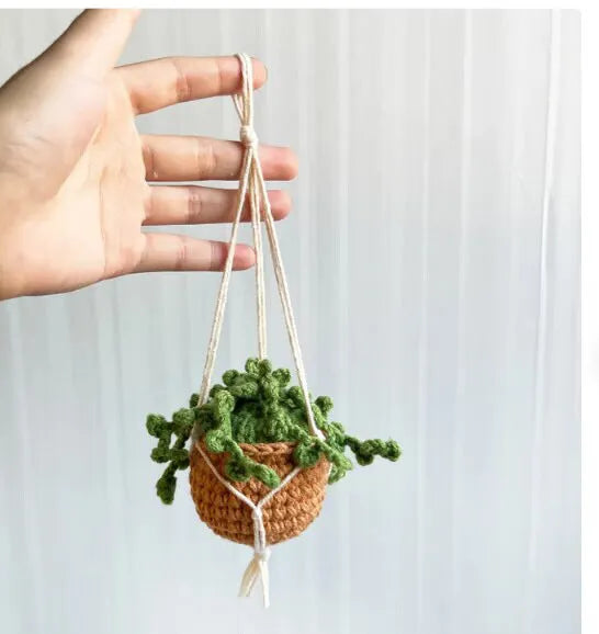 Green and white fishing style car plant decoration with 8cm base and 25cm hanging rope