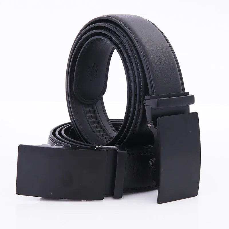 Black men's automatic buckle leather belt in two-layer cowhide with alloy rectangle buckle, 120cm or 130cm
