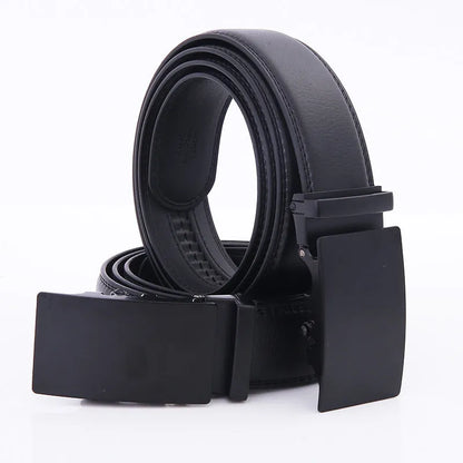 Black men's automatic buckle leather belt in two-layer cowhide with alloy rectangle buckle, 120cm or 130cm