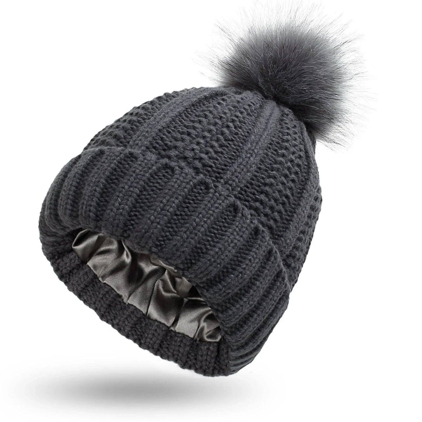 Cozy Satin-Lined Knit Beanie Hat with Faux Fur Pom Pom in Multiple Colors