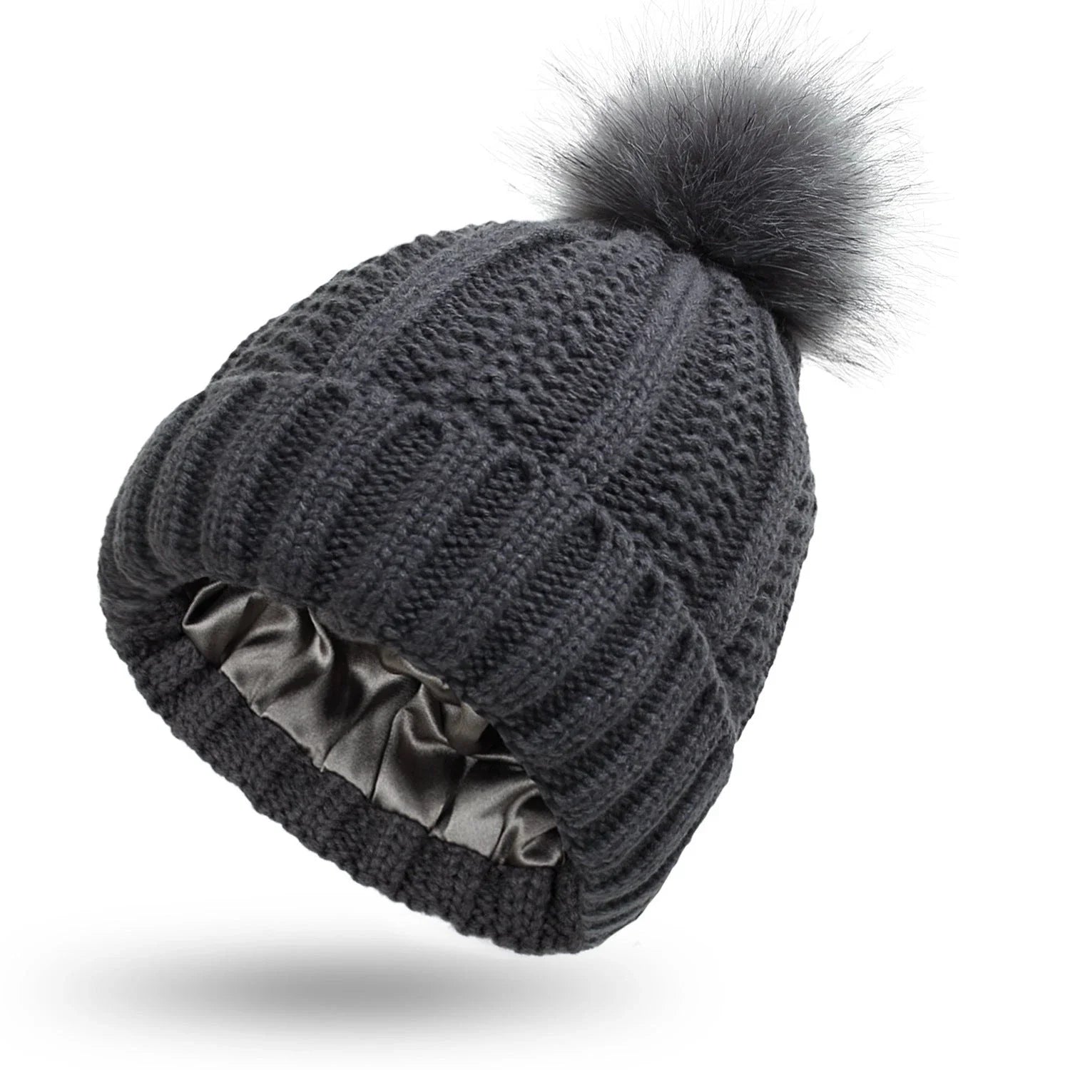 Cozy Satin-Lined Knit Beanie Hat with Faux Fur Pom Pom in Multiple Colors