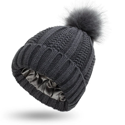 Cozy Satin-Lined Knit Beanie Hat with Faux Fur Pom Pom in Multiple Colors