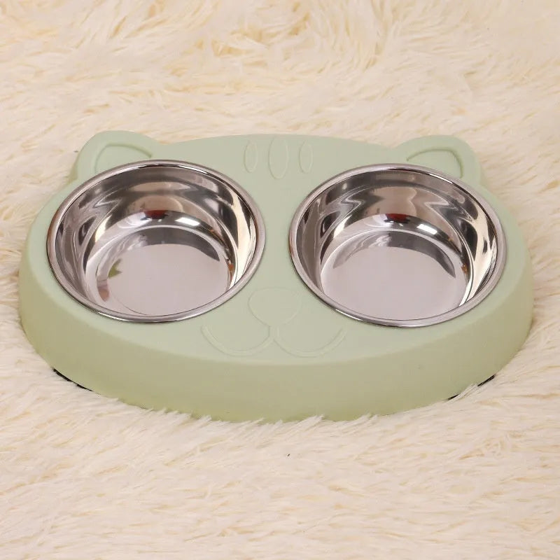Stainless steel cat face bowl for cats in blue, green, or pink, single pet tableware bowl