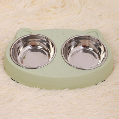 Stainless steel cat face bowl for cats in blue, green, or pink, single pet tableware bowl