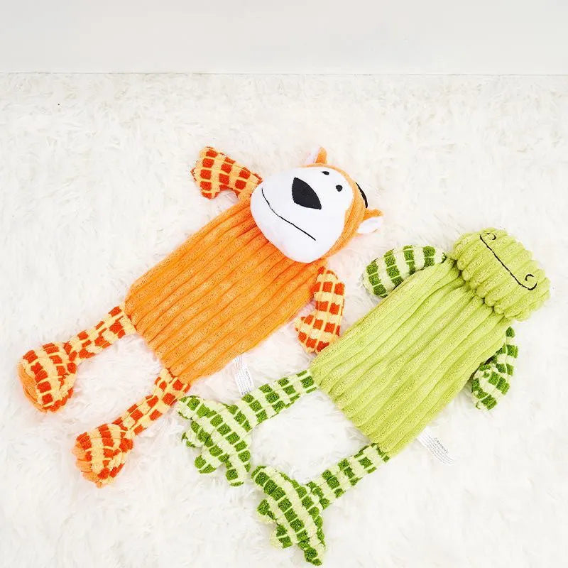 Green and orange immortal squeaker plush dog toy for aggressive chewers with dental cleaning surface