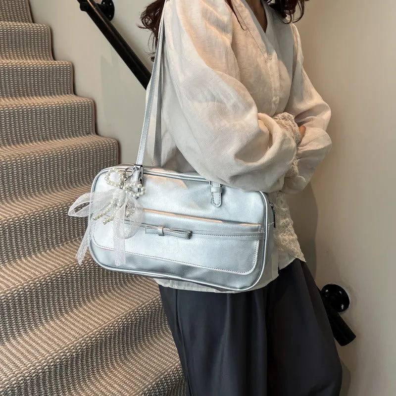 PU single shoulder bag with mobile phone compartment in horizontal square shape with optional pearl bow ornaments