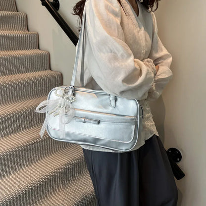 PU single shoulder bag with mobile phone compartment in horizontal square shape with optional pearl bow ornaments