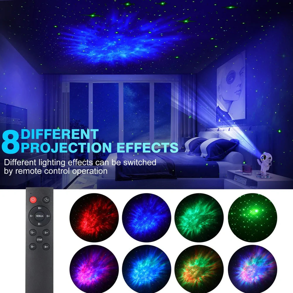White enamel astronaut starlight projection lamp on base, projecting northern lights and stars, size 22.5 x 12.5 x 12.5cm, USB powered