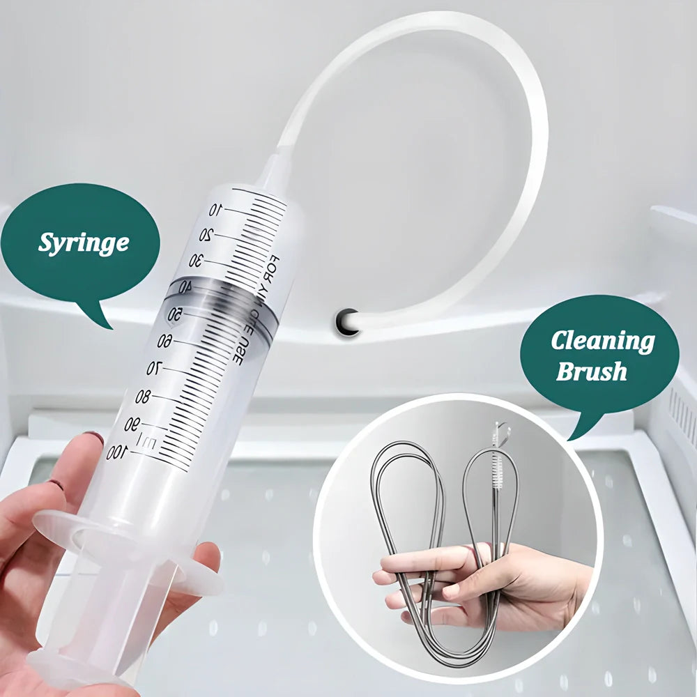Comprehensive 5-piece DIY Refrigerator Drain Hole Cleaning Kit with suction hose, drain brush, and plastic scraper