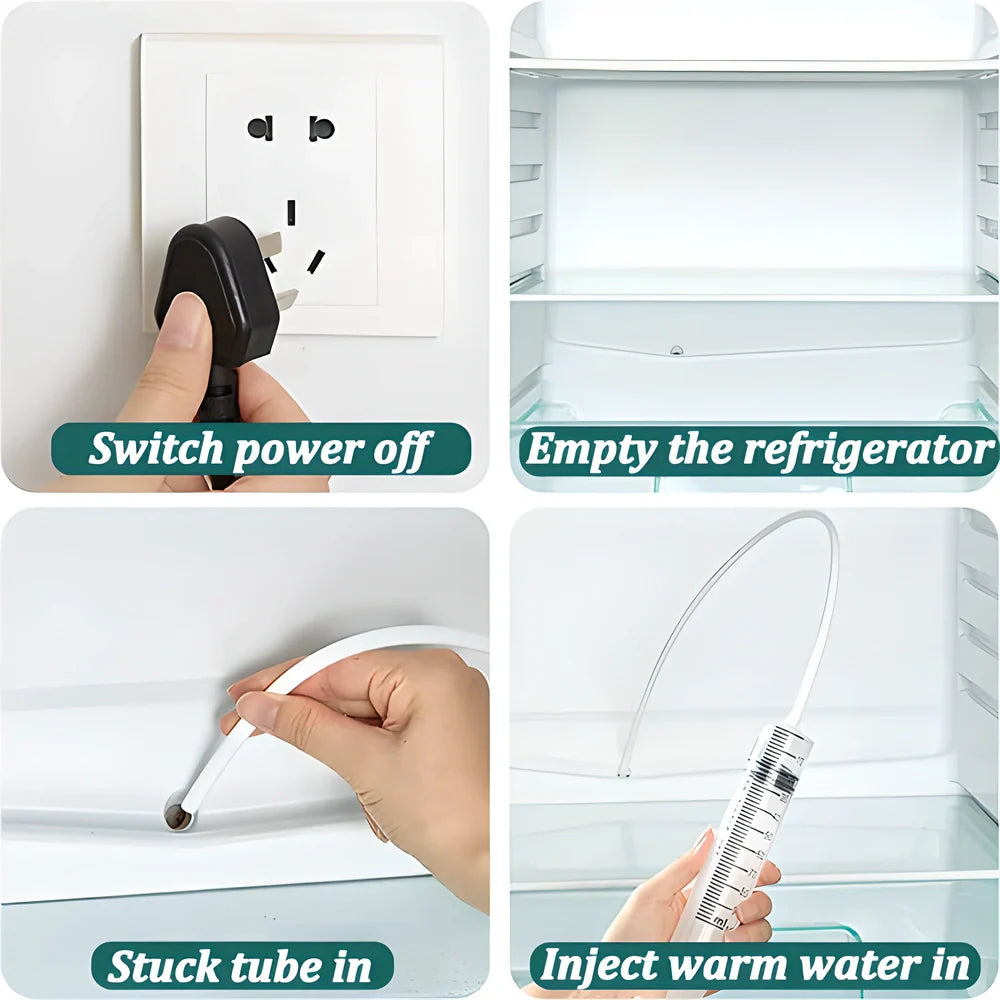 Comprehensive 5-piece DIY Refrigerator Drain Hole Cleaning Kit with suction hose, drain brush, and plastic scraper