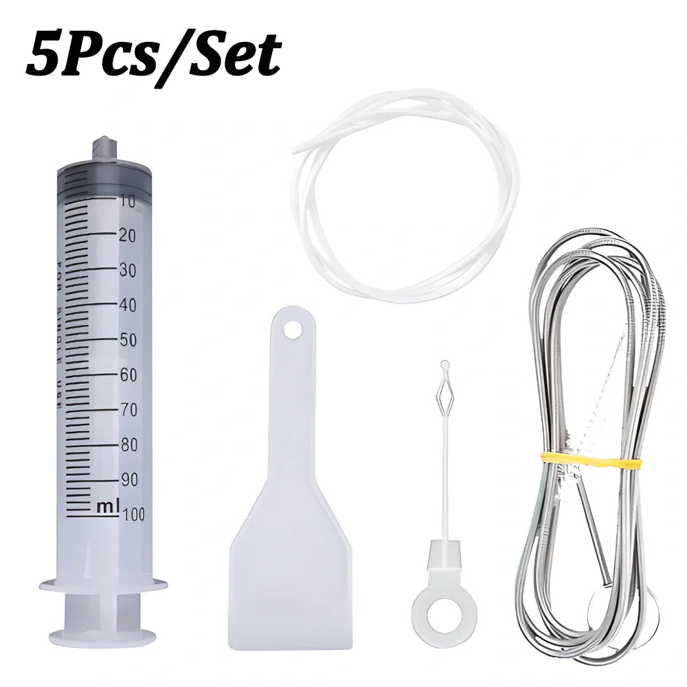 Comprehensive 5-piece DIY Refrigerator Drain Hole Cleaning Kit with suction hose, drain brush, and plastic scraper
