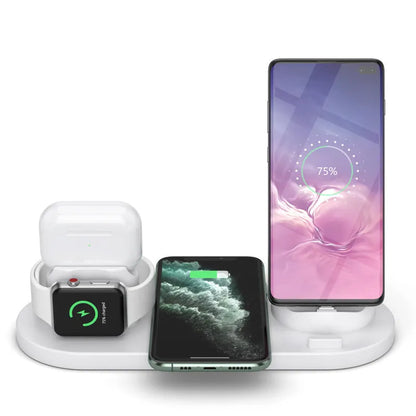 Black 6-in-1 wireless charging station with phone in holder, AirPods case, and smartwatch on charging spots.
