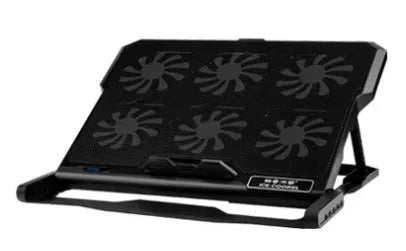 Metal mesh laptop cooling board with LCD display showing speed settings, positioned beneath a notebook computer