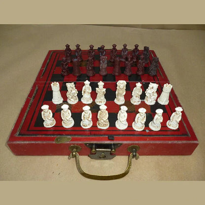 Handcrafted antique terracotta chess set with folding wooden board and polymer resin pieces