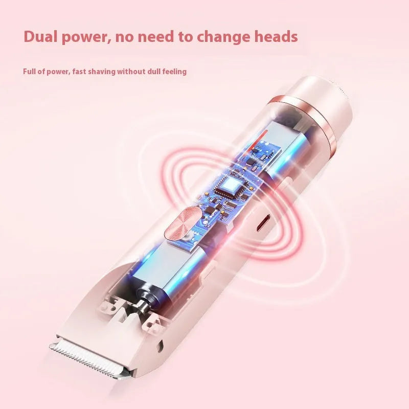 Pink electric shaver with double head, USB cable, and brush for women's body grooming