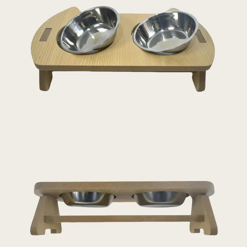 Wooden cat feeder with two stainless steel bowls for food and water, shown in large and small sizes.