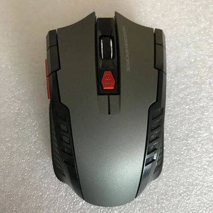 Black wireless computer mouse with six buttons and USB receiver, 100-120mm size