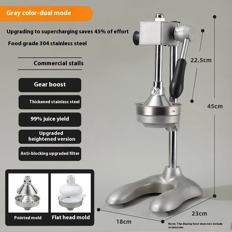 Vertical stainless steel manual juicer with zinc alloy handle in multiple colour and tip style combinations