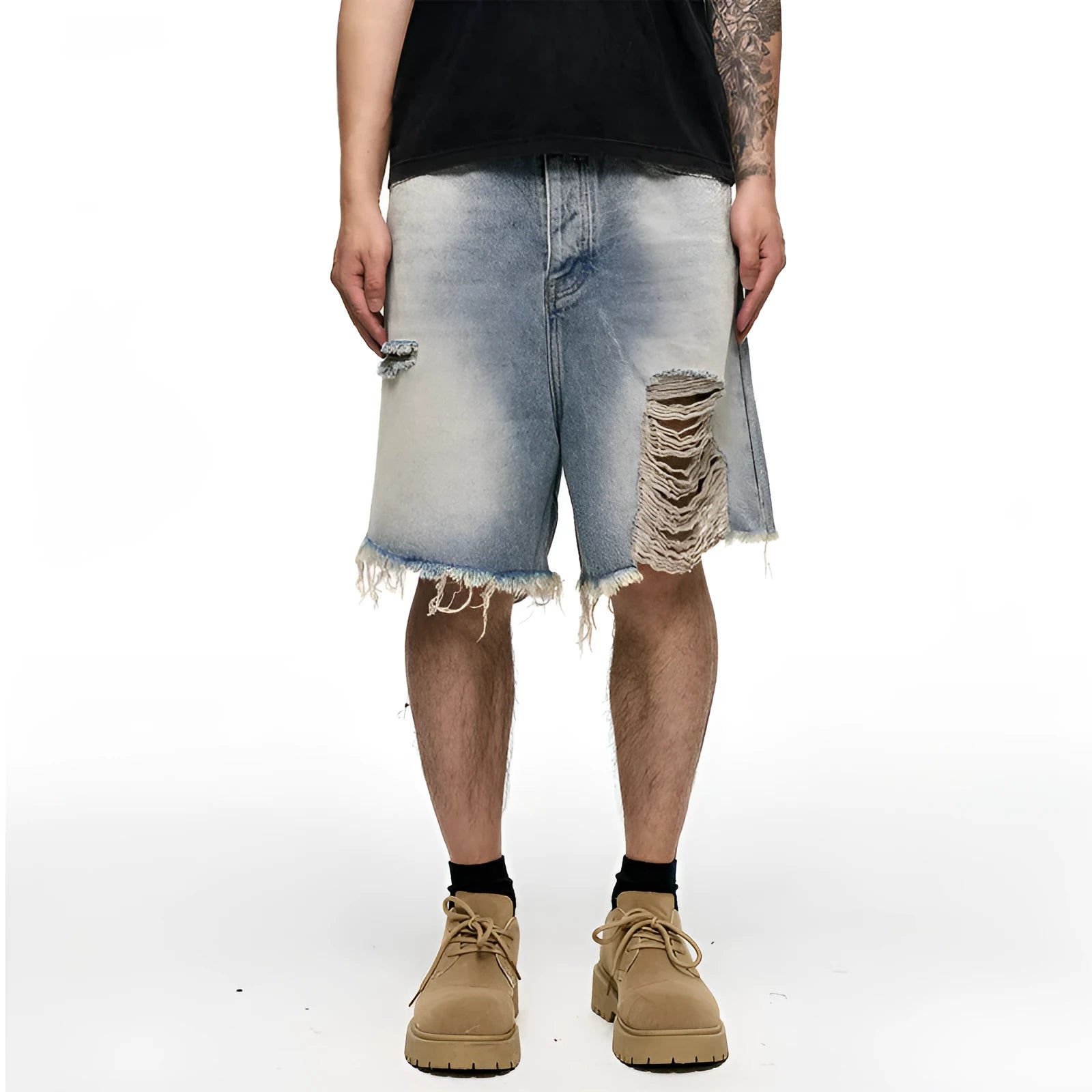 Men's light blue baggy denim shorts with retro washed finish and wide leg cut