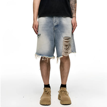 Men's light blue baggy denim shorts with retro washed finish and wide leg cut