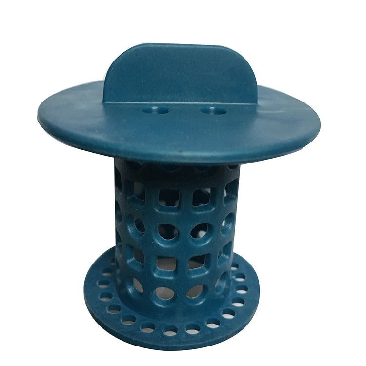 Anti-clogging plastic sink filter in blue, green, orange, and white