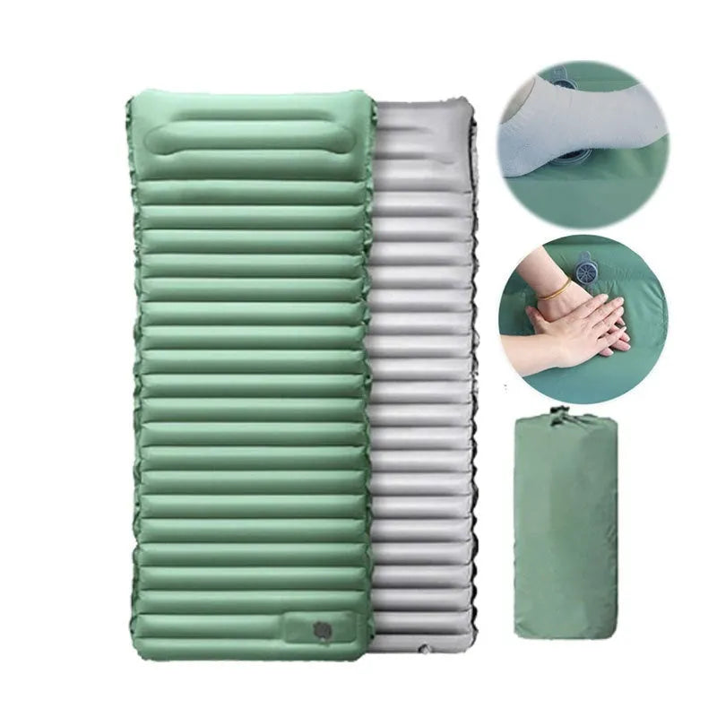 Inflatable camping mattress single portable sleeping mat for tents outdoors, 195x70x10 cm expanded size, 40D nylon TPU material, available in black grey, desert grey, and spring rain grey colour options