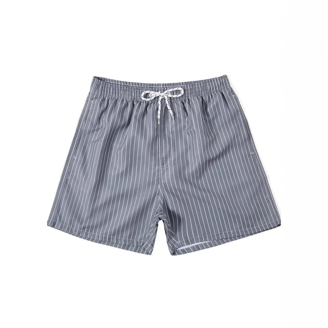 Men's navy blue striped casual shorts with a straight leg opening and triangle lining laid flat.