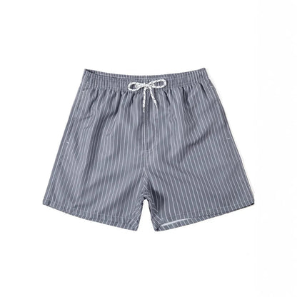 Men's navy blue striped casual shorts with a straight leg opening and triangle lining laid flat.