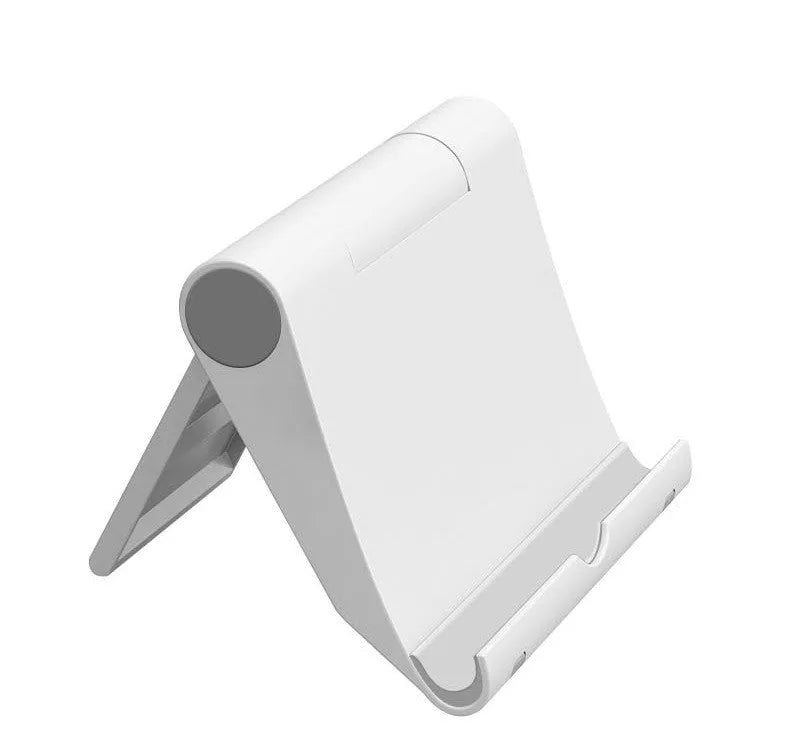 Black PE folding mobile phone stand holding a smartphone at an angle on a desktop.