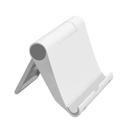 Black PE folding mobile phone stand holding a smartphone at an angle on a desktop.