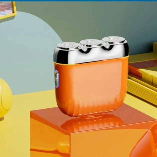 Mini electric shaver with three floating heads in gun colour, orange, green, or blue options