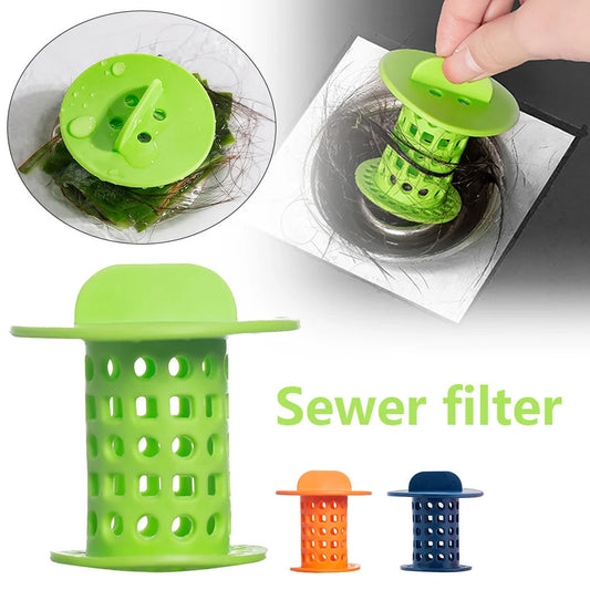 Anti-clogging plastic sink filter in blue, green, orange, and white