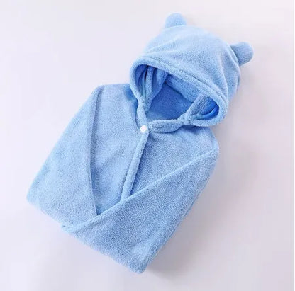 Blue hooded baby bath towel with dimensions 65cm by 110cm laid flat.